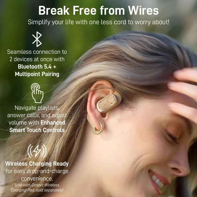 Alt view image 3 of 7 - Open-Ear Plus True Wireless Headphones with Battery Display - Designed & Engineered in the USA - Multi-Point Pairing Bluetooth Open Ear Earbuds Compatible with Apple & Android - Wood Grain