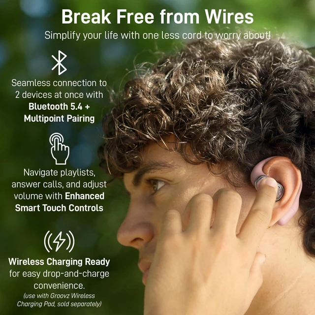 Alt view image 3 of 7 - Open-Ear Plus True Wireless Headphones with Battery Display - Designed & Engineered in the USA - Multi-Point Pairing Bluetooth Open Ear Earbuds Compatible with Apple & Android - Rose Gold