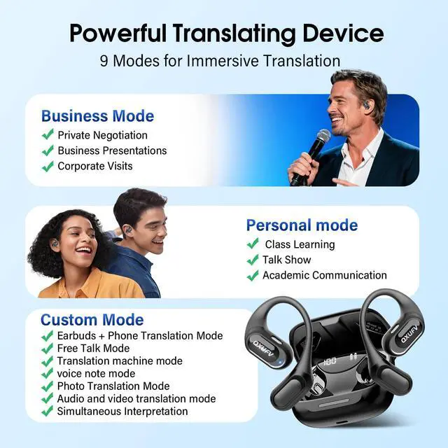 Alt view image 6 of 7 - Open Ear Headphones, Bluetooth 5.4 Wireless Earbuds, HiFi Stereo Open Ear Buds with HD Mic, 50H Display LED Power Display Air Conduction Earbuds, AI Translation Earbuds Real Time for Sports Working