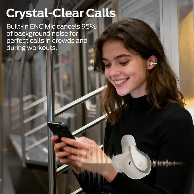 Alt view image 4 of 7 - Stereo Sound, Bluetooth 6.0 Open Ear Headphones, Lightweight Comfort Clip-On Earbuds with ENC Mic for Clear Calls, 36H Playtime, Touch Control, IPX6 Waterproof, White