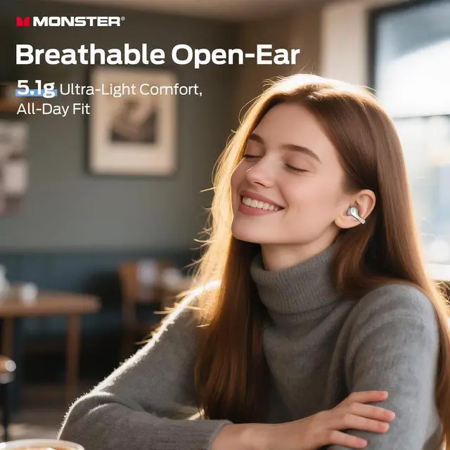 Alt view image 6 of 7 - Stereo Sound, Bluetooth 6.0 Open Ear Headphones, Lightweight Comfort Clip-On Earbuds with ENC Mic for Clear Calls, 36H Playtime, Touch Control, IPX6 Waterproof, White