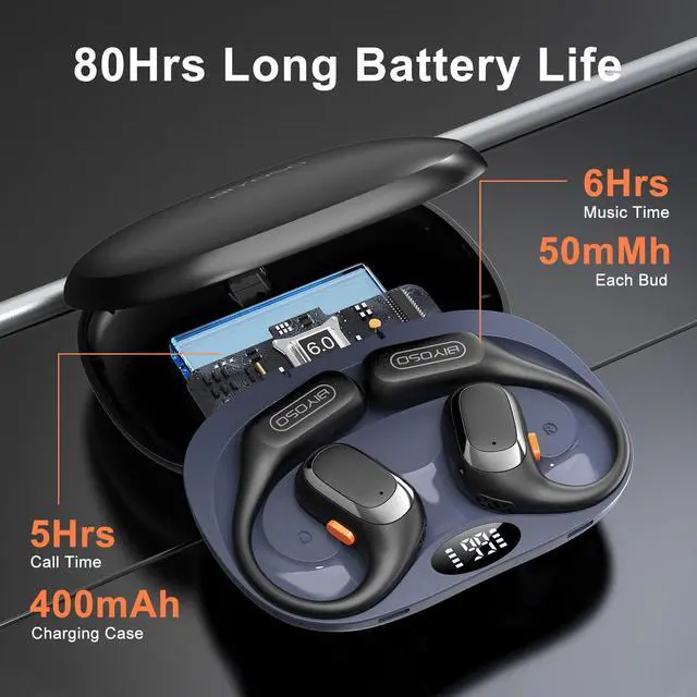 Alt view image 3 of 7 - Open Ear Headphones, Bluetooth 6.0 Wireless Earbuds with Earhooks, Anti-Accidental Touch, LED Display, 30H Playtime, Sport Headphones for Running Workout, Black