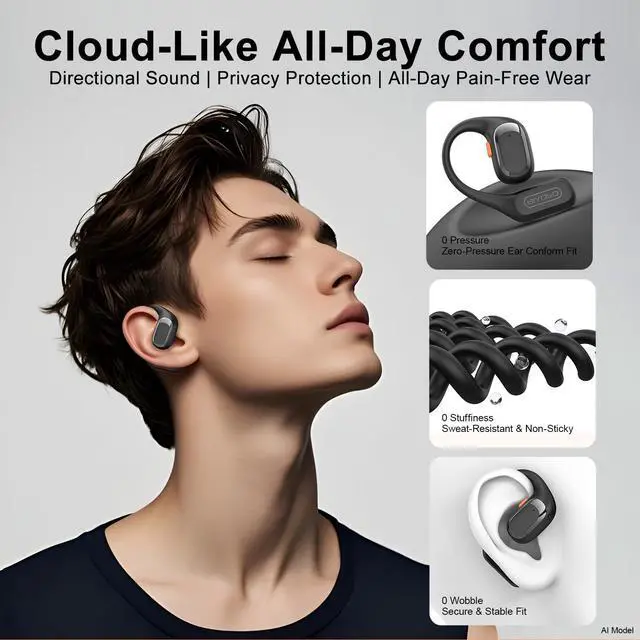 Alt view image 5 of 7 - Open Ear Headphones, Bluetooth 6.0 Wireless Earbuds with Earhooks, Anti-Accidental Touch, LED Display, 30H Playtime, Sport Headphones for Running Workout, Black