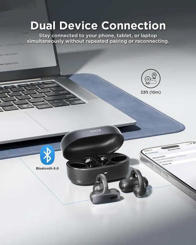 Alt view image 6 of 7 - Open Ear Clip-On Earbuds X8 with AI ENC & Powerful Bass, Wireless Bluetooth 6.0, IPX4 Sweatproof Fitness Headphones, Physical Buttons, 5g Lightweight Ear Buds with Multi-Device Switching, Black