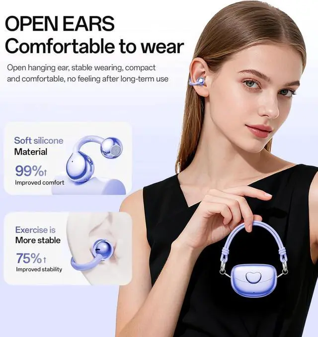 Alt view image 2 of 7 - Clip-On Open Ear Earbuds for Women, Bluetooth 6.0 Wireless Earbuds with Hi-Fi Stereo Sound, Lightweight Headphones for Small Ears, Comfortable All-Day Wear, 40H Playtime, USB-C, Daily Use