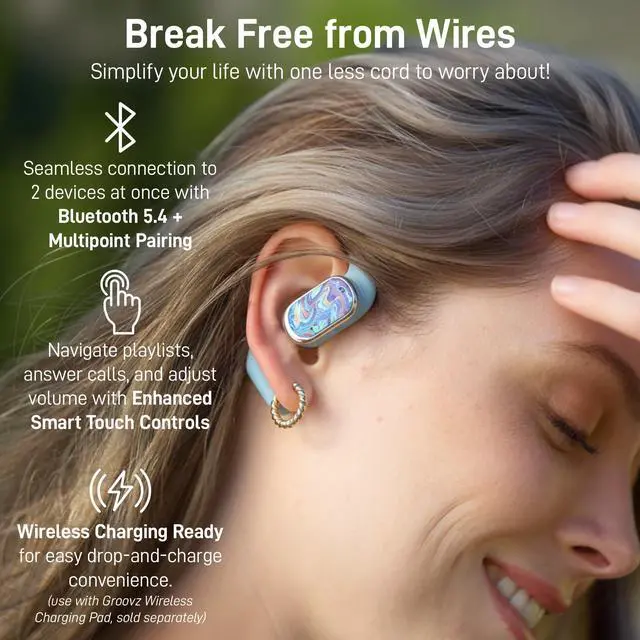 Alt view image 3 of 7 - Open-Ear Plus True Wireless Headphones with Battery Display - Designed & Engineered in the USA - Multi-Point Pairing Bluetooth Open Ear Earbuds Compatible with Apple & Android - Oil Slick