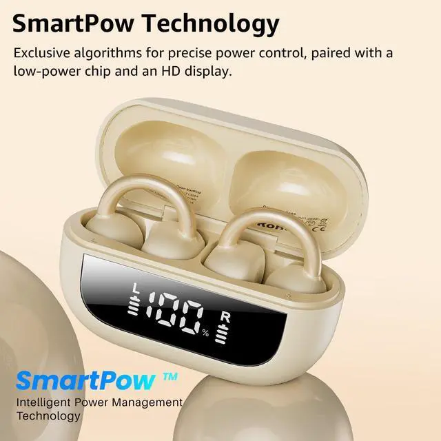 Alt view image 5 of 7 - OpenEarRing True Open Ear Earbuds, Lightweight Comfort Open Ear Clip Wireless Earbuds, 40H Play Bluetooth 5.4 Headphones with Smart Digital Display Design Fit Sports Running, Workout Khaki