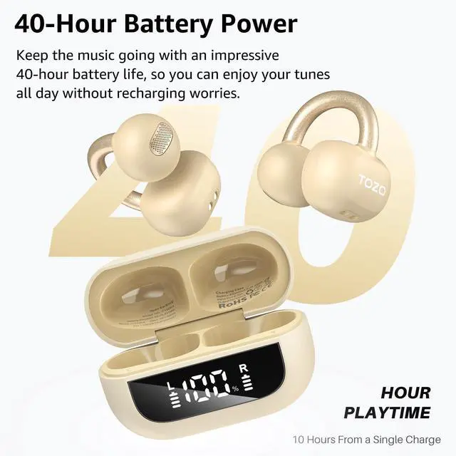 Alt view image 6 of 7 - OpenEarRing True Open Ear Earbuds, Lightweight Comfort Open Ear Clip Wireless Earbuds, 40H Play Bluetooth 5.4 Headphones with Smart Digital Display Design Fit Sports Running, Workout Khaki