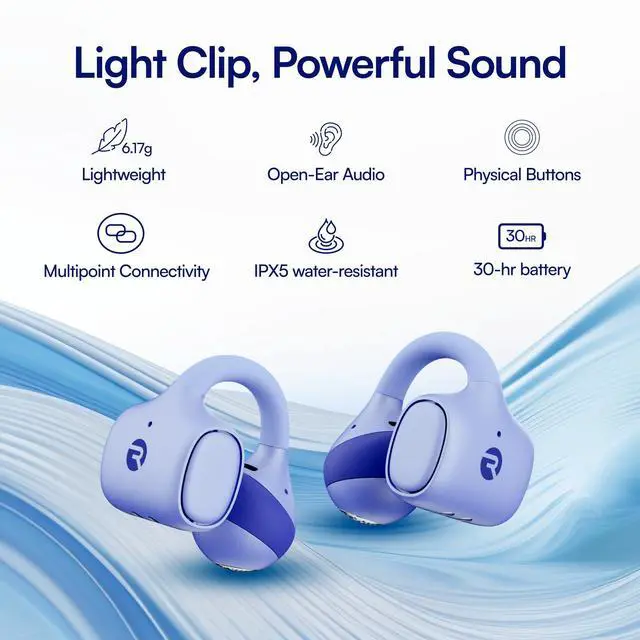 Alt view image 6 of 7 - Everyday Clip On Earbuds - Open Ear Headphones, Lightweight Wireless Earbuds Bluetooth, Sweat & Water Resistant Earphones, Clip Earbuds with Buttons, 30 Hours Battery Life (Carbon Black)