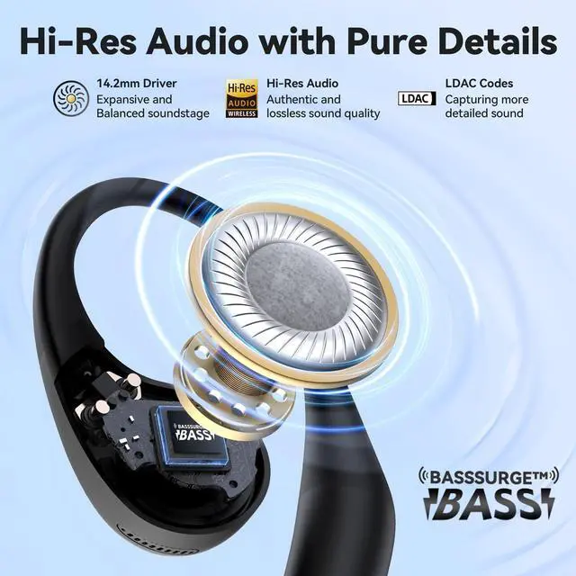 Alt view image 3 of 7 - OpenJump Open Ear Headphones, Wireless Earbuds with Ergonomic Earhook, Hi-Res Sound, LDAC, 4 Mics ENC Call, 42H Playtime, Multipoint Connection, IPX7 Waterproof, Snug Fit for Workout, Running
