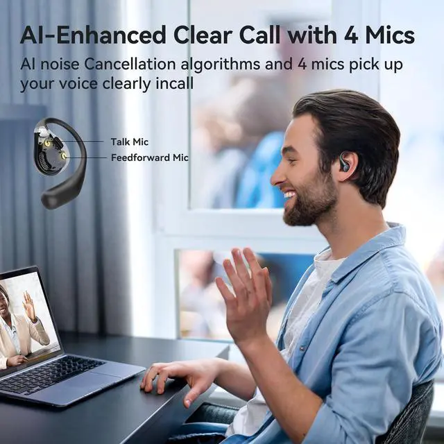 Alt view image 4 of 7 - OpenJump Open Ear Headphones, Wireless Earbuds with Ergonomic Earhook, Hi-Res Sound, LDAC, 4 Mics ENC Call, 42H Playtime, Multipoint Connection, IPX7 Waterproof, Snug Fit for Workout, Running