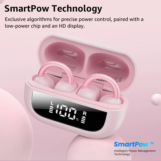 Alt view image 4 of 7 - OpenEarRing True Open Ear Earbuds, Lightweight Comfort Open Ear Clip Wireless Earbuds, 40H Play Bluetooth 5.4 Headphones with Smart Digital Display Design Fit Sports Running, Workout Rose Gold