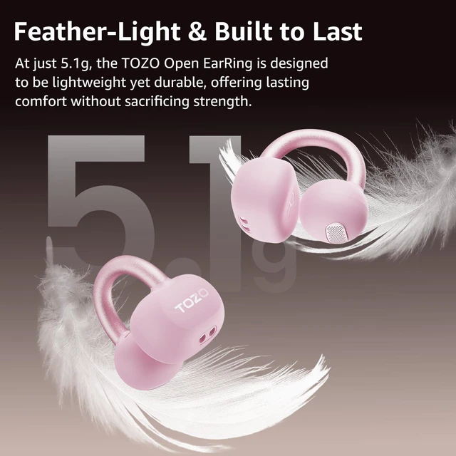 Alt view image 3 of 7 - OpenEarRing True Open Ear Earbuds, Lightweight Comfort Open Ear Clip Wireless Earbuds, 40H Play Bluetooth 5.4 Headphones with Smart Digital Display Design Fit Sports Running, Workout Rose Gold
