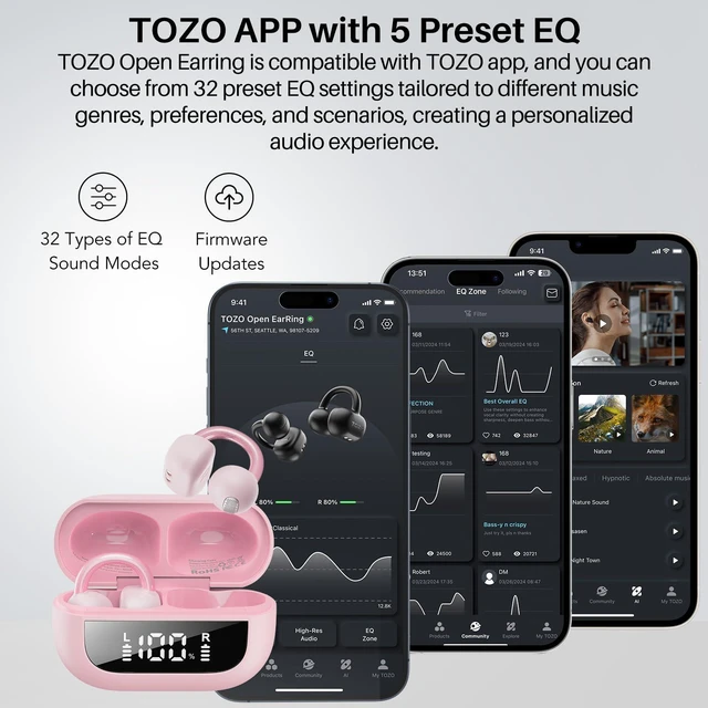 Alt view image 7 of 7 - OpenEarRing True Open Ear Earbuds, Lightweight Comfort Open Ear Clip Wireless Earbuds, 40H Play Bluetooth 5.4 Headphones with Smart Digital Display Design Fit Sports Running, Workout Rose Gold