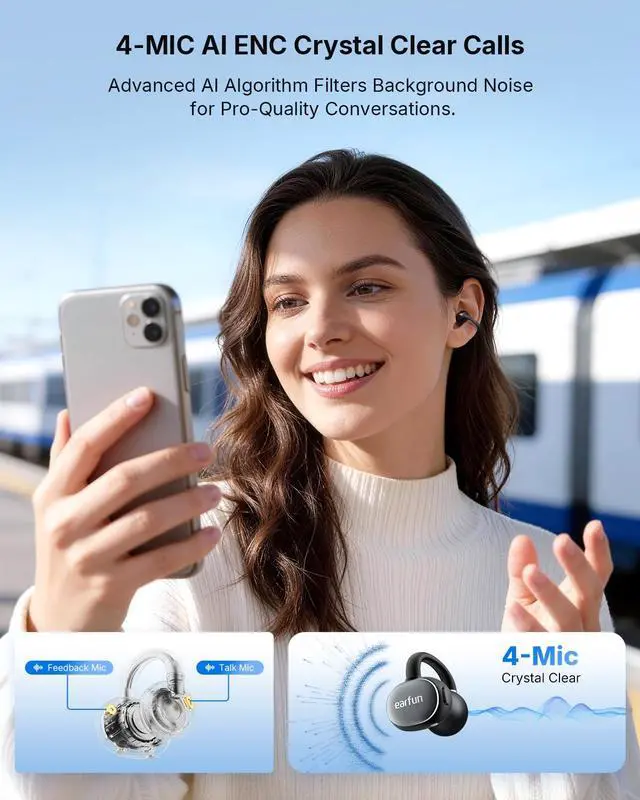 Alt view image 4 of 7 - Clip On Headphones, LDAC, Hi-Res Audio, 12mm Titanium Driver, 4 Mics AI Clear Call, AI Translation Earbuds, Secure Fit, 40H Playtime, Bluetooth 6.0 for Running, Workout
