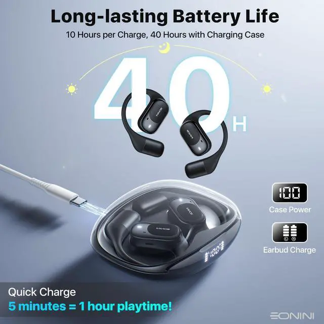 Alt view image 5 of 7 - Open-Ear Earbuds with Earhooks, LED Display Case, Lightweight & Secure Fit, All-Day Comfort, Stay-Aware Design, Clear Calls, 40H Playtime, IPX5 Waterproof Bluetooth 5.3 for Running, Gym