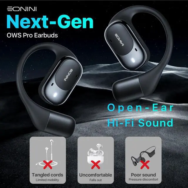 Alt view image 3 of 7 - Open-Ear Earbuds with Earhooks, LED Display Case, Lightweight & Secure Fit, All-Day Comfort, Stay-Aware Design, Clear Calls, 40H Playtime, IPX5 Waterproof Bluetooth 5.3 for Running, Gym