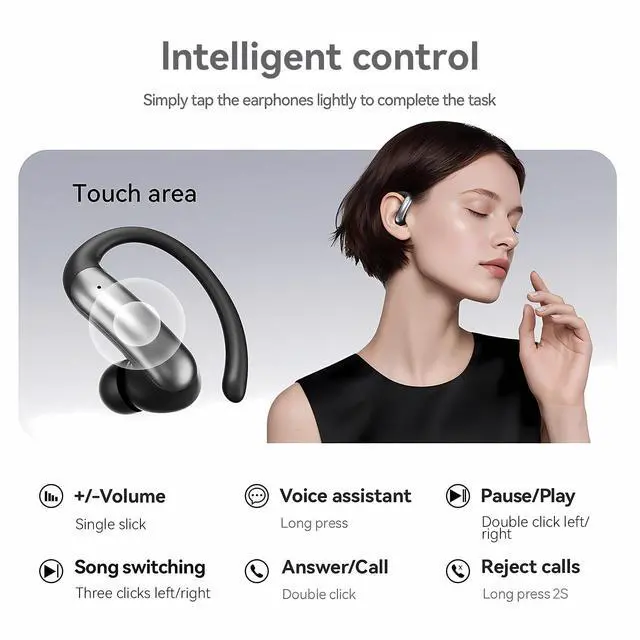 Alt view image 4 of 7 - Open Ear Earbuds, Wireless Bluetooth Headphones with 60H Playtime LED Display Case, IPX6 Waterproof Open Ear Headphones for Running Workout Gym, Sports Earbuds for Travel Daily Use (Black)