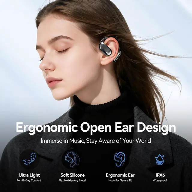Alt view image 2 of 7 - Open Ear Headphones Bluetooth Wireless Over Ear Earbuds with Ergonomic Earhook Ear Buds, Led Power Display,48h PlaytimeIpx6 Waterproof Comfortable for WorkoutCyclingRunning (Black)