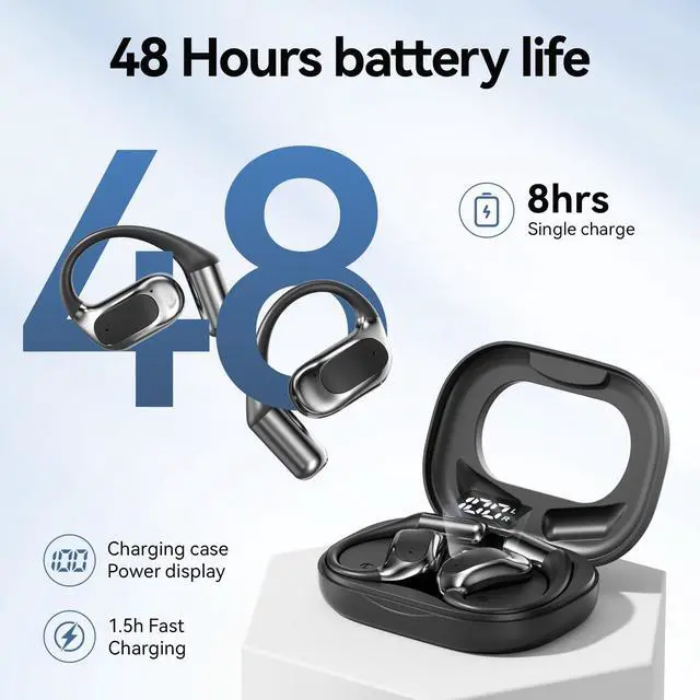 Alt view image 4 of 7 - Open Ear Headphones Bluetooth Wireless Over Ear Earbuds with Ergonomic Earhook Ear Buds, Led Power Display,48h PlaytimeIpx6 Waterproof Comfortable for WorkoutCyclingRunning (Black)