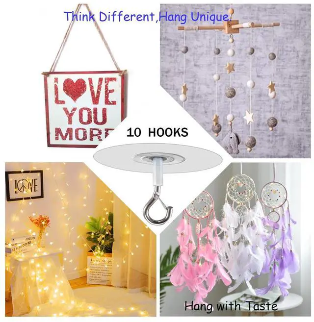 Alt view image 2 of 6 - No Hole Adhesive Ceiling Hooks for Hanging Light Plants,Sticky Eye Hooks for Hanging Boby Mobile Curtain,Set of 10 (Round)
