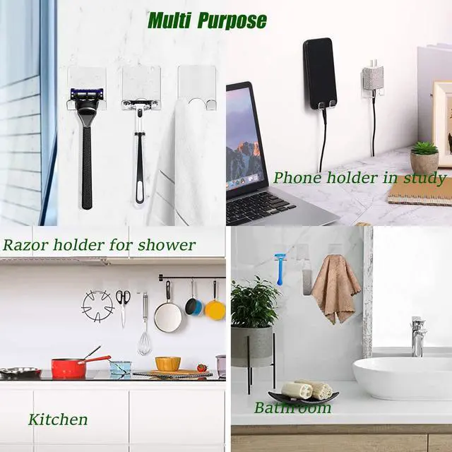 Alt view image 6 of 7 - Clear Adhesive Hooks for Shower Wall Shaver Holder Razor Holder Storage Holders for Phone, Bathtub Organizers and Storage Shower Hook Kitchen Organizer for Razor Plug Towel (Clear-4pcs)