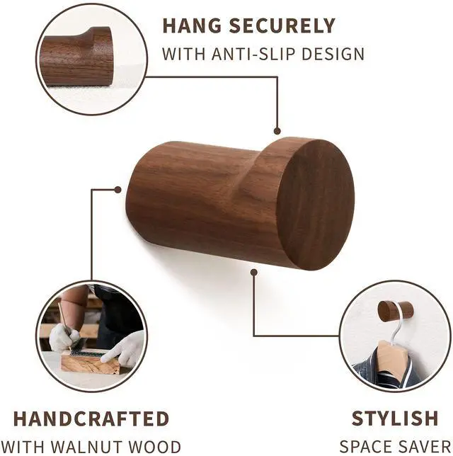 Alt view image 3 of 7 - Natural Wooden Wall Mounted Hooks - Pack of 4 - Modern - Handmade Decorative Wood Pegs Minimalist for Hanging Hat, Coats (Black Walnut Wood)