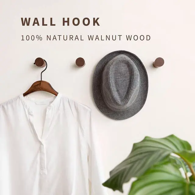 Alt view image 2 of 7 - Natural Wooden Wall Mounted Hooks - Pack of 4 - Modern - Handmade Decorative Wood Pegs Minimalist for Hanging Hat, Coats (Black Walnut Wood)