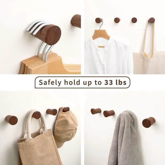 Alt view image 4 of 7 - Natural Wooden Wall Mounted Hooks - Pack of 4 - Modern - Handmade Decorative Wood Pegs Minimalist for Hanging Hat, Coats (Black Walnut Wood)