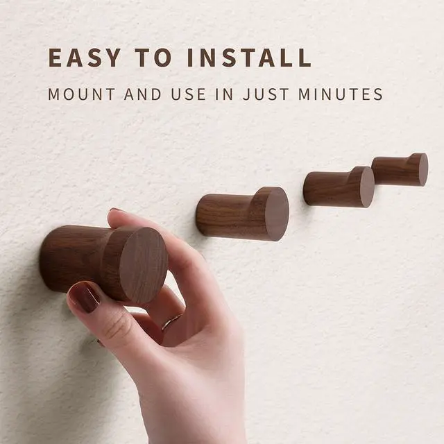 Alt view image 5 of 7 - Natural Wooden Wall Mounted Hooks - Pack of 4 - Modern - Handmade Decorative Wood Pegs Minimalist for Hanging Hat, Coats (Black Walnut Wood)