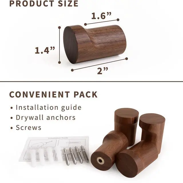 Alt view image 6 of 7 - Natural Wooden Wall Mounted Hooks - Pack of 4 - Modern - Handmade Decorative Wood Pegs Minimalist for Hanging Hat, Coats (Black Walnut Wood)