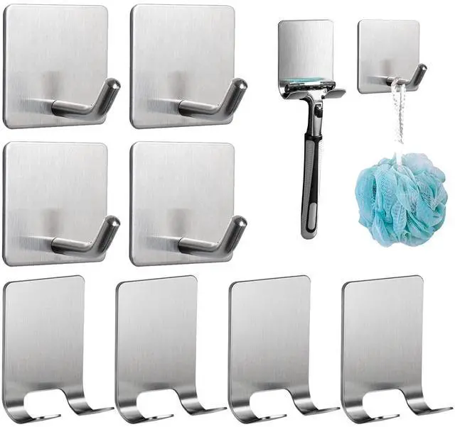Main image of Pack Adhesive Hooks, 4 Pack Razor Holder for Shower and 4 Heavy Duty Waterproof Sticky Hooks for Hanging Towels, Loofah, Coat, Hat (Silver)