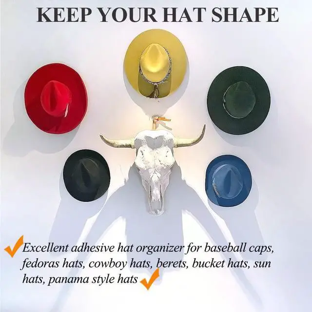 Alt view image 3 of 7 - Adhesive Hat Hooks Hat Hangers 10lbs Sticky Wall Rack for Baseball Caps, Bucket Hats, Cowboy Hats, Extended Wooden Pegs Handmade - Bathroom Door Cloest Entryway Wardrobe-8 Pack