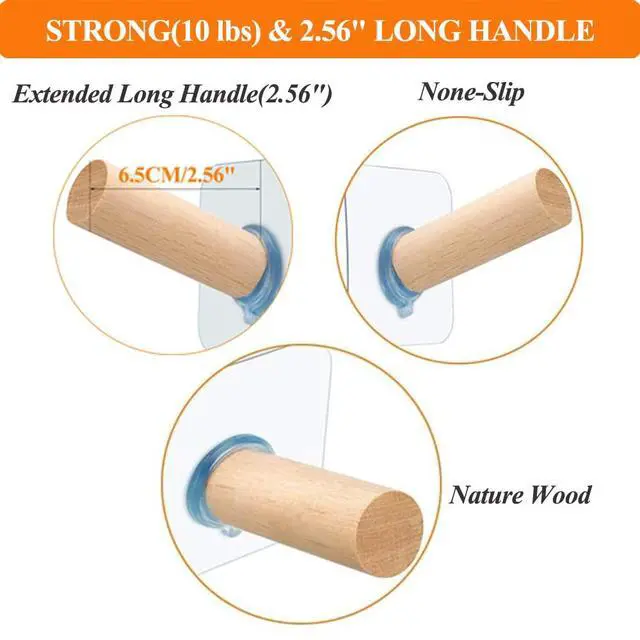 Alt view image 5 of 7 - Adhesive Hat Hooks Hat Hangers 10lbs Sticky Wall Rack for Baseball Caps, Bucket Hats, Cowboy Hats, Extended Wooden Pegs Handmade - Bathroom Door Cloest Entryway Wardrobe-8 Pack