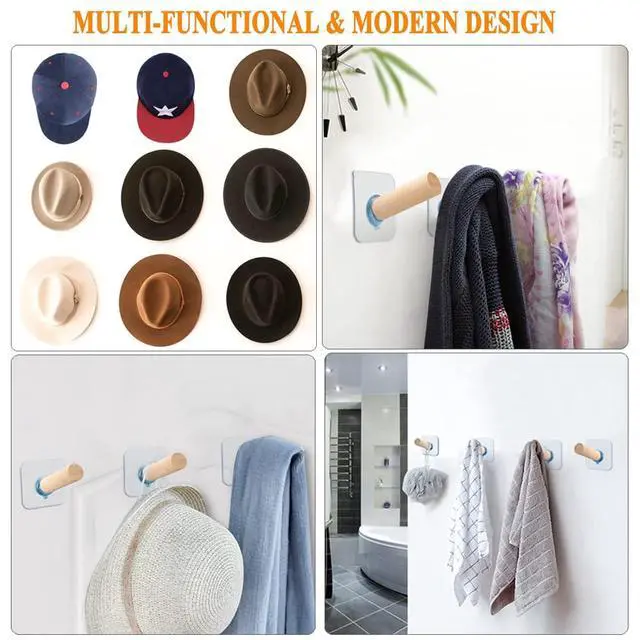 Alt view image 6 of 7 - Adhesive Hat Hooks Hat Hangers 10lbs Sticky Wall Rack for Baseball Caps, Bucket Hats, Cowboy Hats, Extended Wooden Pegs Handmade - Bathroom Door Cloest Entryway Wardrobe-8 Pack