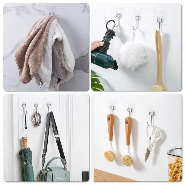 Alt view image 5 of 6 - Large Adhesive Hooks, 12-Pack Sticky Hangers for Hanging Heavy Duty, Transparent Waterproof Oil-Proof and Rustproof, Towel and Coats Hooks for Bathroom,Kitchen Home and Office