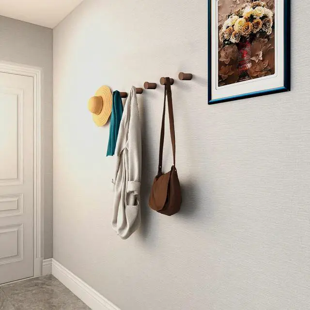 Alt view image 2 of 6 - Wood Wall Hooks 6 Pack, Natural Wooden Coat Hooks Wall Mounted, Handmade Rustic Hat Hooks Heavy Duty Entryway Wall Hangers for Hanging Towels, Clothes, Bags (Black Walnut Wood)