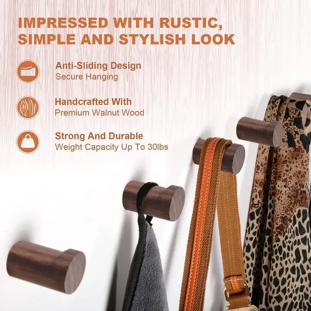 Alt view image 3 of 6 - Wood Wall Hooks 6 Pack, Natural Wooden Coat Hooks Wall Mounted, Handmade Rustic Hat Hooks Heavy Duty Entryway Wall Hangers for Hanging Towels, Clothes, Bags (Black Walnut Wood)