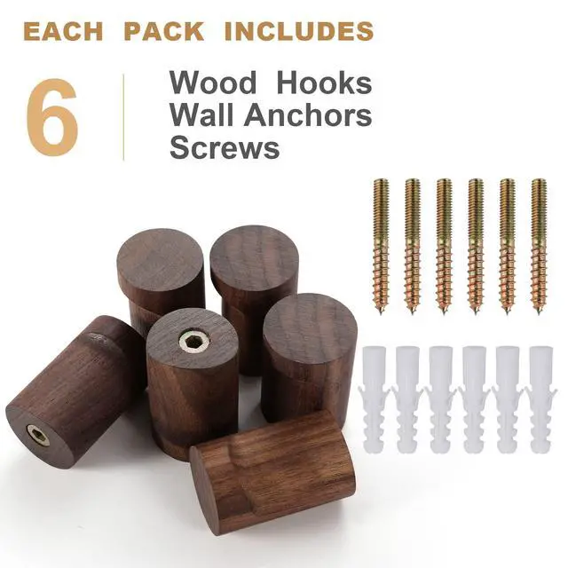 Alt view image 6 of 6 - Wood Wall Hooks 6 Pack, Natural Wooden Coat Hooks Wall Mounted, Handmade Rustic Hat Hooks Heavy Duty Entryway Wall Hangers for Hanging Towels, Clothes, Bags (Black Walnut Wood)