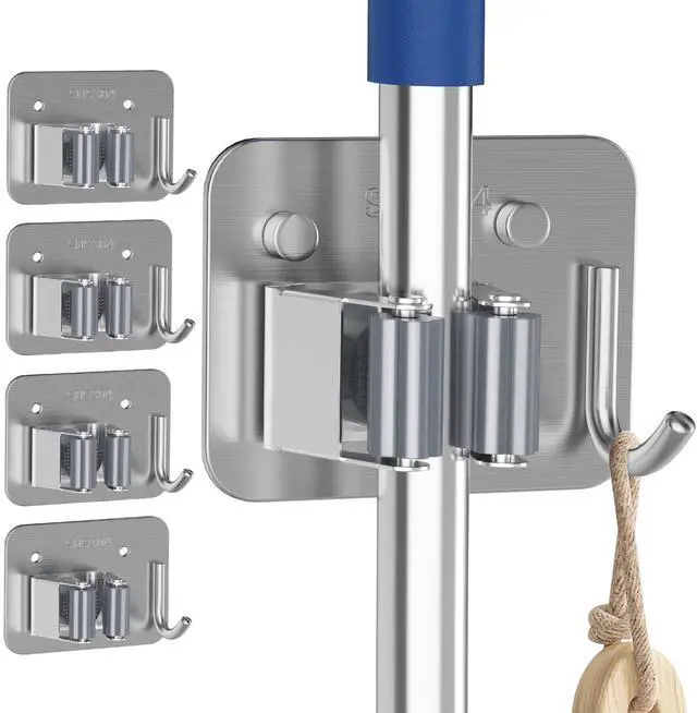 Main image of Pack Stainless Steel Mop and Broom Gripper with Hook, Screw Drilling or Self Adhesive Mop and Broom Holder Wall Mount, Storage Rack for Closet Laundry Garage Garden Tool Organizer, Silver