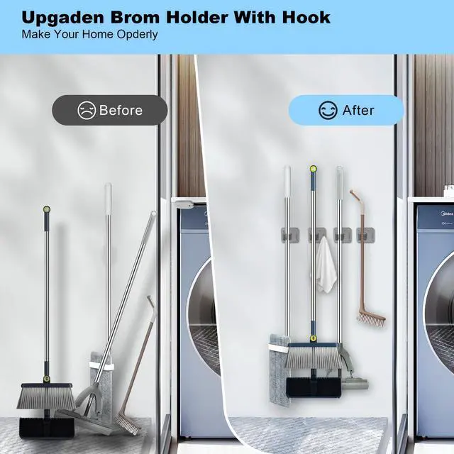 Alt view image 2 of 7 - Pack Stainless Steel Mop and Broom Gripper with Hook, Screw Drilling or Self Adhesive Mop and Broom Holder Wall Mount, Storage Rack for Closet Laundry Garage Garden Tool Organizer, Silver