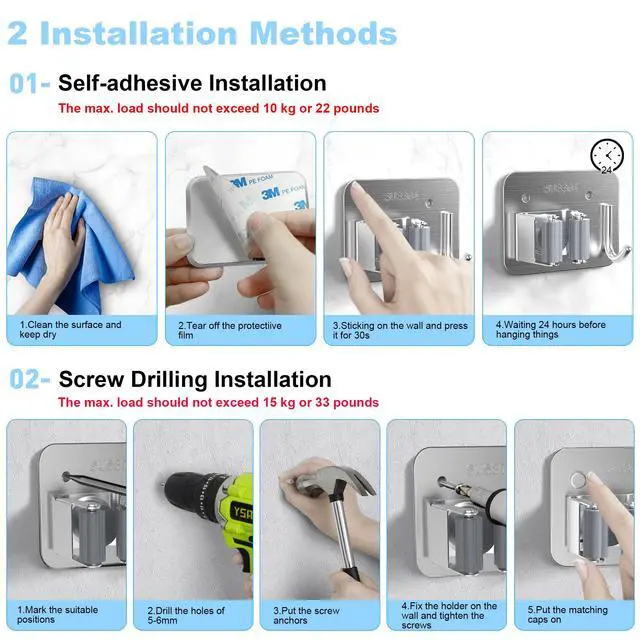 Alt view image 3 of 7 - Pack Stainless Steel Mop and Broom Gripper with Hook, Screw Drilling or Self Adhesive Mop and Broom Holder Wall Mount, Storage Rack for Closet Laundry Garage Garden Tool Organizer, Silver