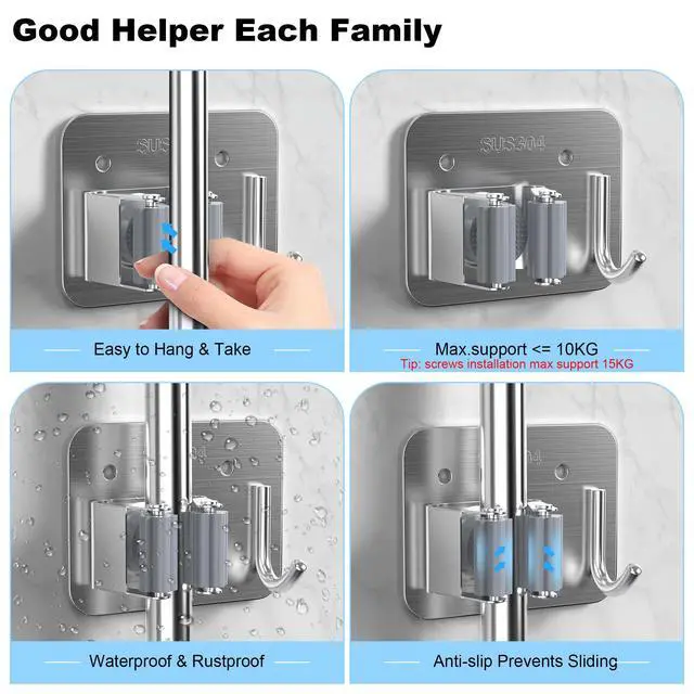 Alt view image 7 of 7 - Pack Stainless Steel Mop and Broom Gripper with Hook, Screw Drilling or Self Adhesive Mop and Broom Holder Wall Mount, Storage Rack for Closet Laundry Garage Garden Tool Organizer, Silver