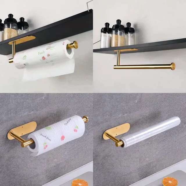 Alt view image 2 of 7 - Paper Towel Holder with 2 Hooks-Under Cabinet Paper Towel Holder for Kitchen, Self-Adhesive or Screws, Space Saving Wall Mounted Kitchen Roll Holder, Bathroom, Stainless Steel Brushed Gold