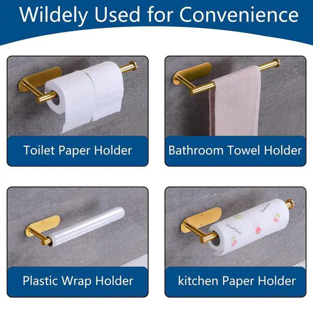 Alt view image 4 of 7 - Paper Towel Holder with 2 Hooks-Under Cabinet Paper Towel Holder for Kitchen, Self-Adhesive or Screws, Space Saving Wall Mounted Kitchen Roll Holder, Bathroom, Stainless Steel Brushed Gold