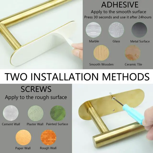 Alt view image 5 of 7 - Paper Towel Holder with 2 Hooks-Under Cabinet Paper Towel Holder for Kitchen, Self-Adhesive or Screws, Space Saving Wall Mounted Kitchen Roll Holder, Bathroom, Stainless Steel Brushed Gold