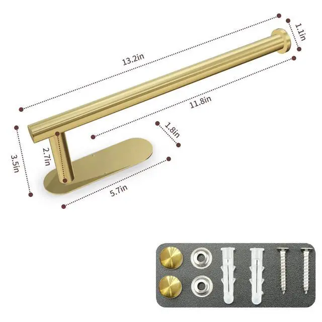 Alt view image 6 of 7 - Paper Towel Holder with 2 Hooks-Under Cabinet Paper Towel Holder for Kitchen, Self-Adhesive or Screws, Space Saving Wall Mounted Kitchen Roll Holder, Bathroom, Stainless Steel Brushed Gold