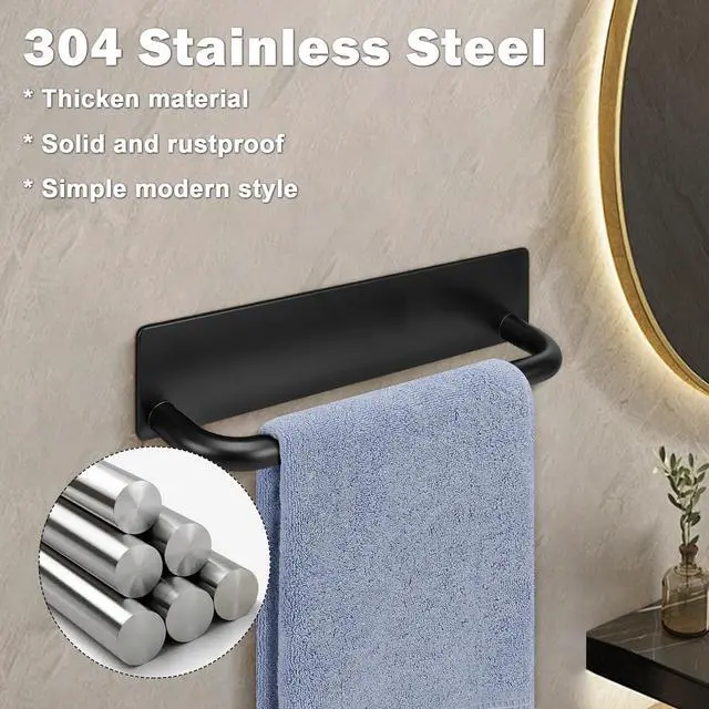 Alt view image 3 of 7 - Self Adhesive Hand Towel Holder- 304 Stainless Steel Hand Towel Bar for Bathroom Kitchen Stick on Wall, Towel Ring No Drilling, 9 Inch (Black)