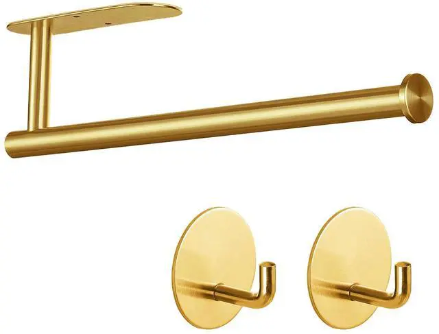 Main image of Paper Towel Holder with 2 Hooks-Under Cabinet Paper Towel Holder for Kitchen, Self-Adhesive or Screws, Space Saving Wall Mounted Kitchen Roll Holder, Bathroom, Stainless Steel Brushed Gold