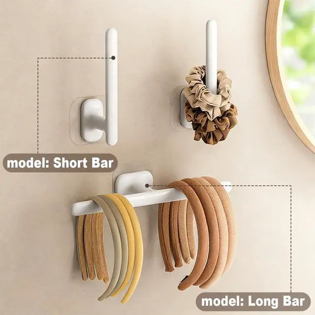 Alt view image 2 of 7 - Self Adhesive Scrunchie Holder Wall Mounted, Headband Holder Hair Accessory Organizer for Bathroom, No Drilling Wall Hanging Storage Hook for Jewelry Hair Ties, Clips, Hairbands, White(1pcs Long Bar)
